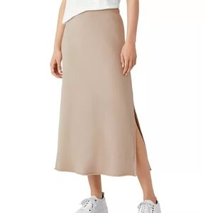 NWT Eileen Fisher A Line Midi Side-Slit Skirt Khaki Beige 100% Organic Cotton